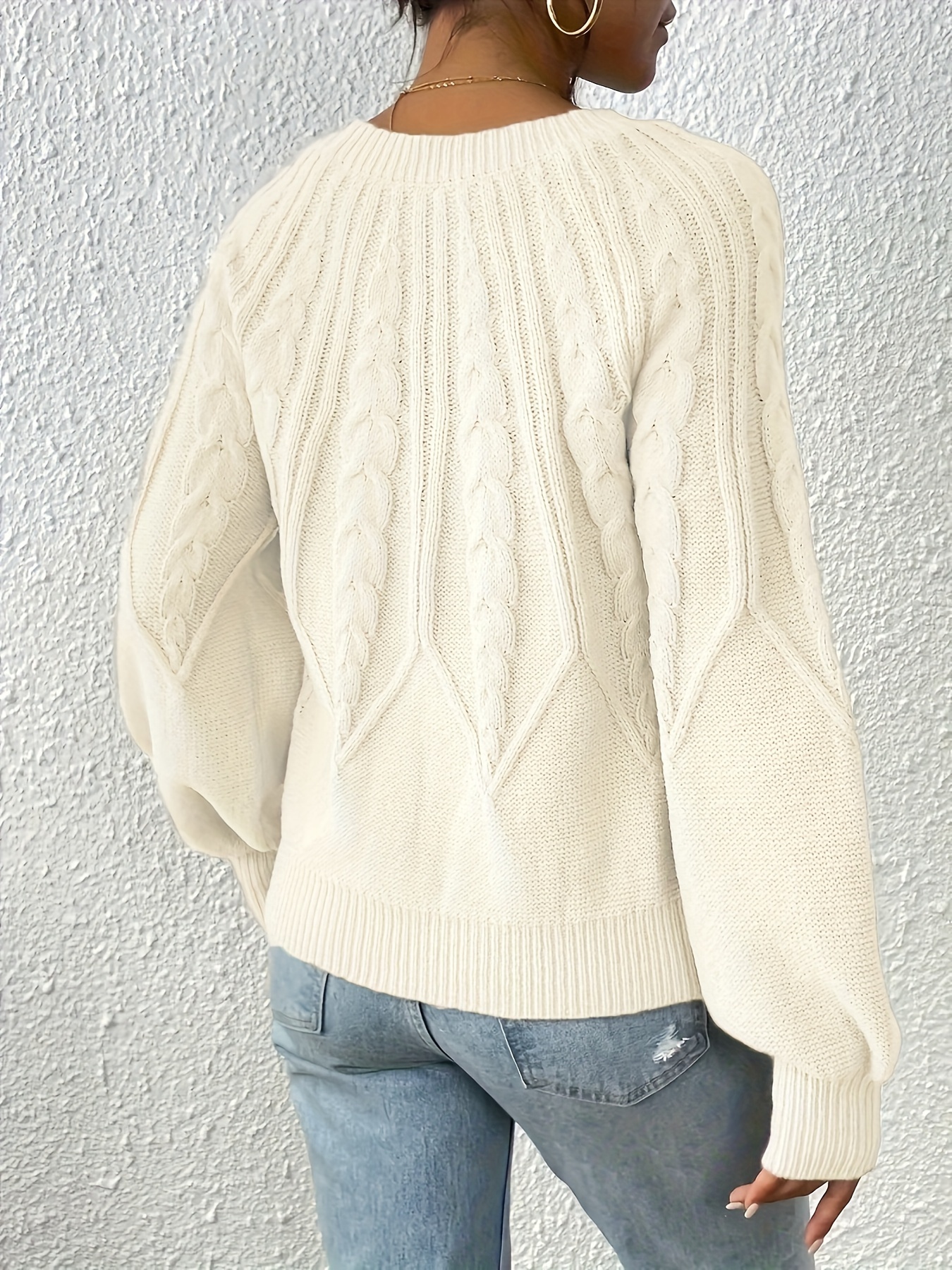 cable knit crew neck sweater elegant lantern sleeve knitted top for   womens clothing details 21