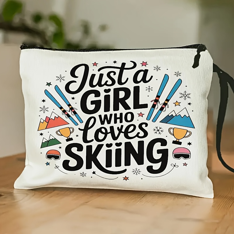 TEMU Colorful Skiing Themed Cosmetic Bag With Wristband, Vibrant Makeup Bag With Skiing Stuff Pattern, Portable Travel Toiletries Bag, Essential Item