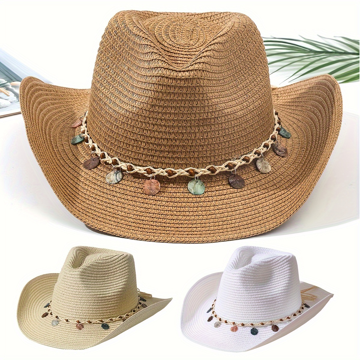 Natural Colored Shells Decor Boho Cowboy Hat Classic Vintage - Temu