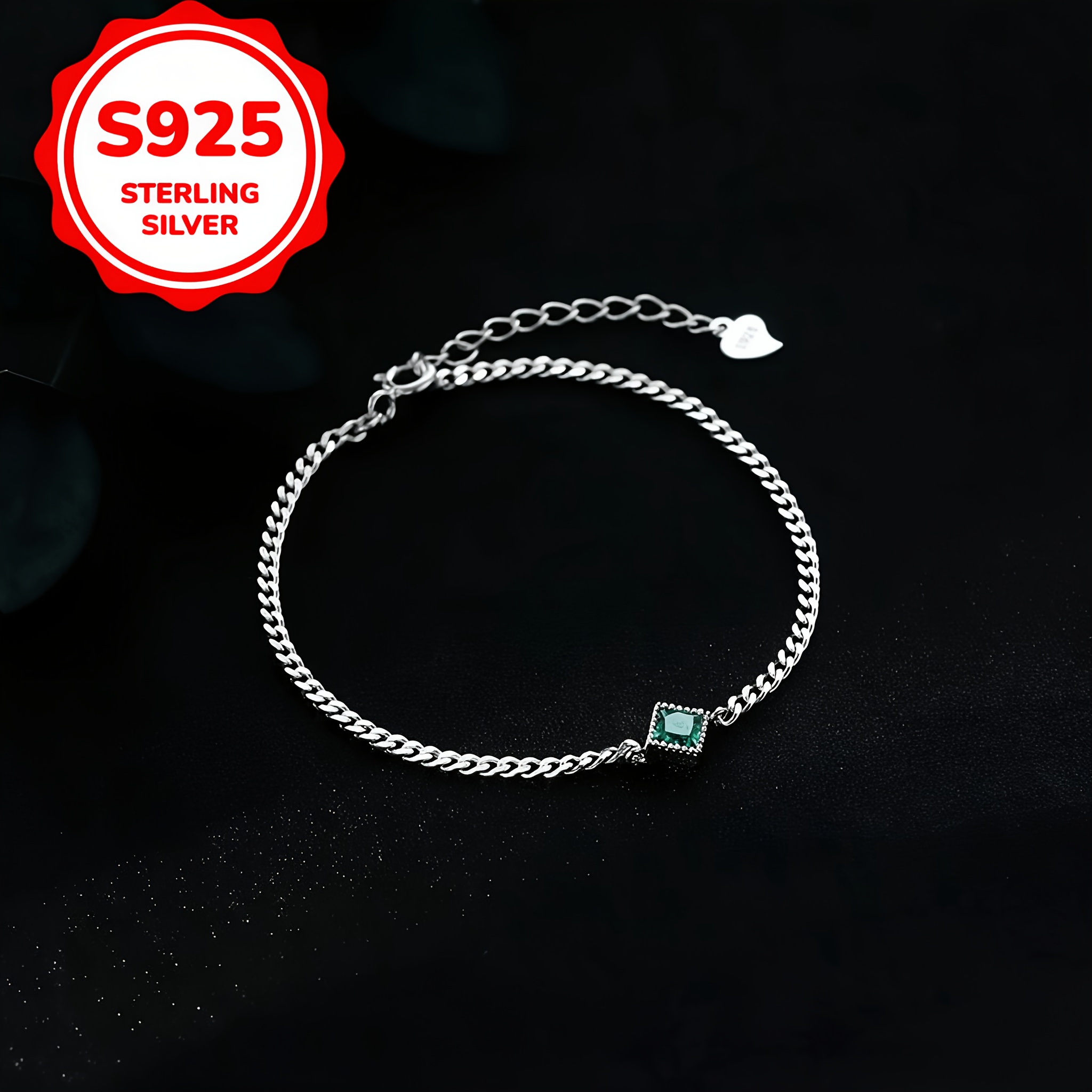 925 Silver Hollow Green Square Chain Bracelet, Creative Design