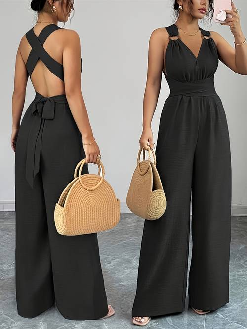 v neck womens jumpsuit with crisscross waist ties slit back and wide leg pants