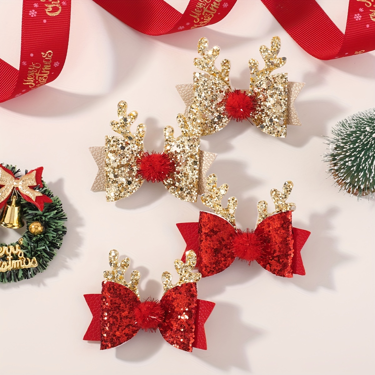

4pcs Christmas Bow Hair Clip, Girls Glitter Accessories