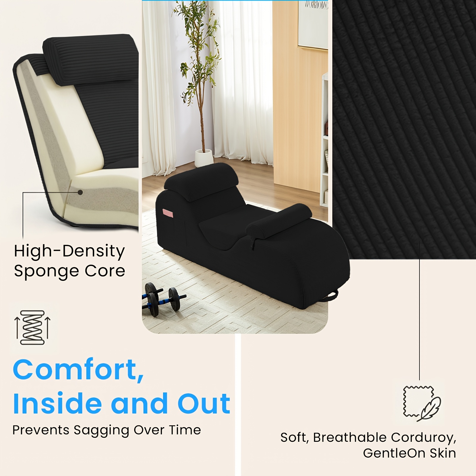 Striped Adult Yoga Chair, Indoor Toilet Chair with Side Pockets, Headrest, Lumbar Cushion, Movable Footrest, Curved Yoga Sofa for Relaxing And Stretching in Bedroom, Black