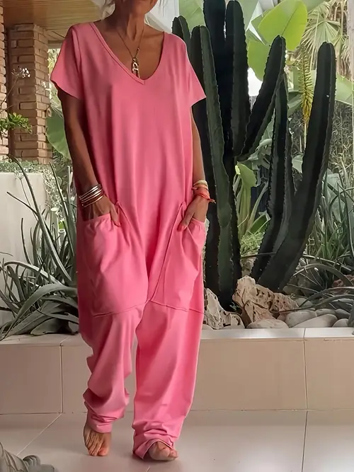 womens oversized pocket low grade jumpsuit womens lightweight loose jumpsuit with pockets v neck short sleeve solid color casual jumpsuit spring summer fall machine washable