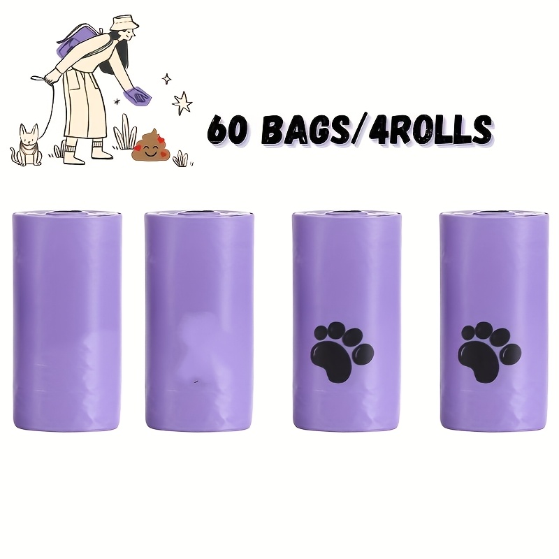 Image of 4 Rolls/ 60pcs Random Style Lavender Scented Dog Poop Bags - Leak Proof, Thickened Polyethylene Bags For Pet Waste Disposal, Purple With Paw Print Design, Pet Outdoor Cleaning Supplies