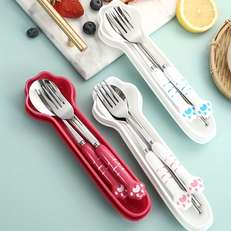 

3-piece Cute Cat Paw Stainless Steel Cutlery Set With Storage Box - Portable Fork, Spoon & Chopsticks For Office, Camping, Picnics & Lunchbox