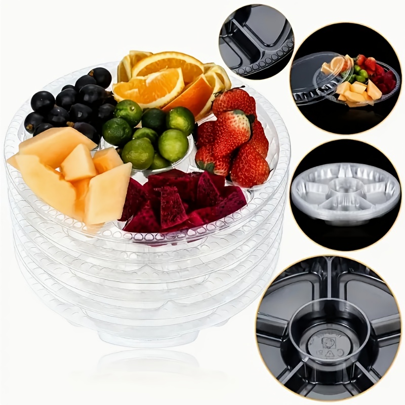 

6-pack Clear Plastic Round Serving Trays With - 6-compartment Food Containers For Fruit, Vegetables, Dips - Disposable Catering Platters For Snack Parties, Buffet - Multipurpose,