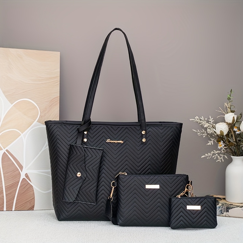 Image of New Fashionable And Trendy Wave Embossed Versatile 4pcs Set – Large Capacity Tote Bag, 2pcs Crossbody Bag Set, Small Clutch, Perfect For Casual And Travel