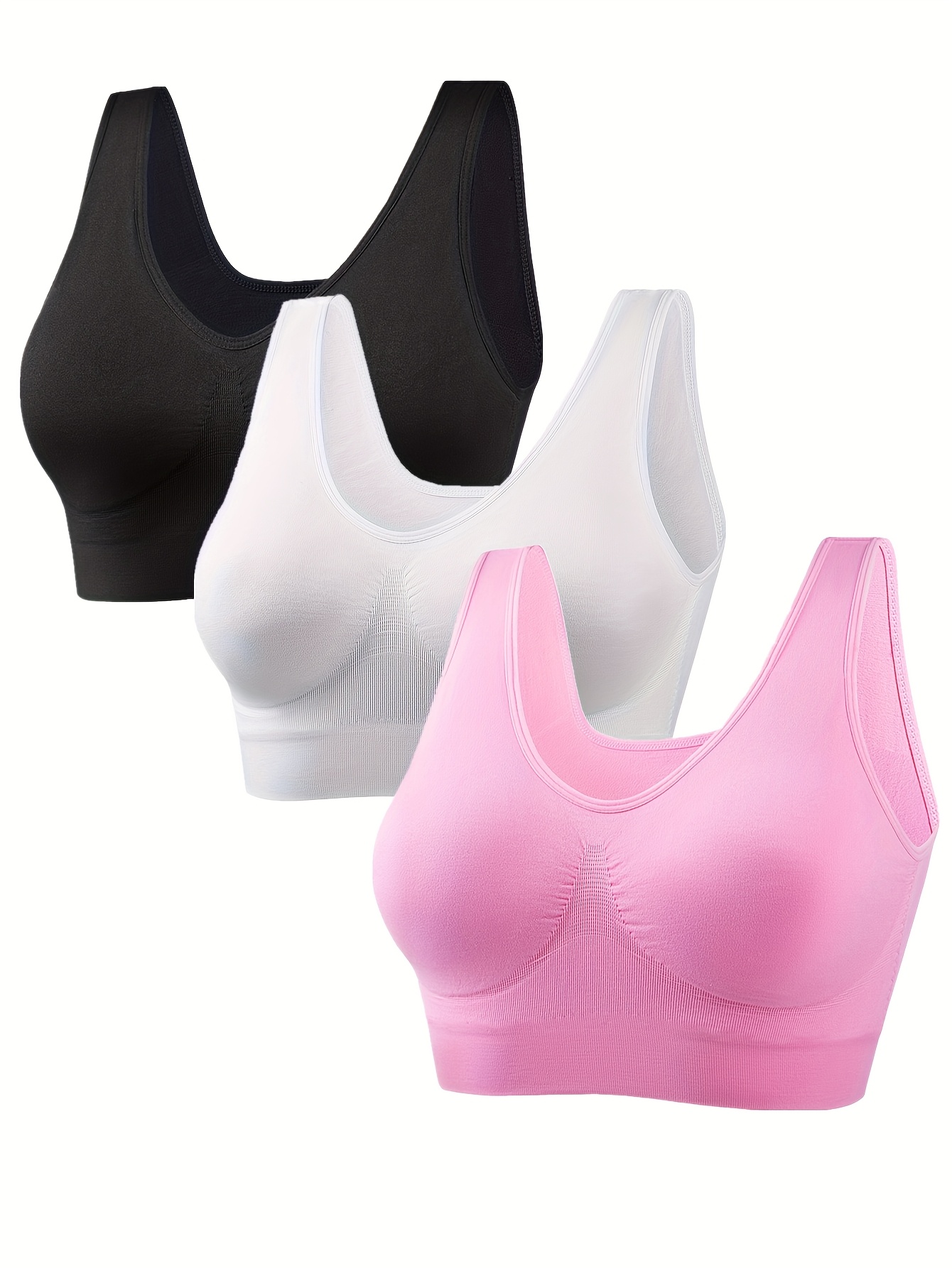 3pcs Women's Plus Size Black Sports Bras - Wireless, Padded, Full Coverage, Nylon Blend, Medium Support for Running, Yoga & Workouts, Yoga Apparel | Sleek Design | Comfort Fit, Workout Accessories