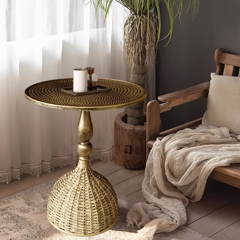 Handcrafted Wicker Iron Artistic Water Grass Rope Braided Tea Table Side Table Flower Rack Living Room Sofa Side Table Study Room Balcony Inn Outdoor Coffee House Bar, Garden Patio Bedroom Decoration