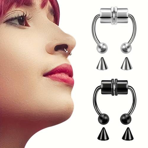 6-teiliges set: nasenring, ohrclips und lippenringe mit austauschbaren kugelspitzen – hypoallergener edelstahl, piercing-freie magnet-stecker, glänzender gothic hip-hop-stil für strandpartys, musikfestivals & dates – geschenkidee für männer und frauen