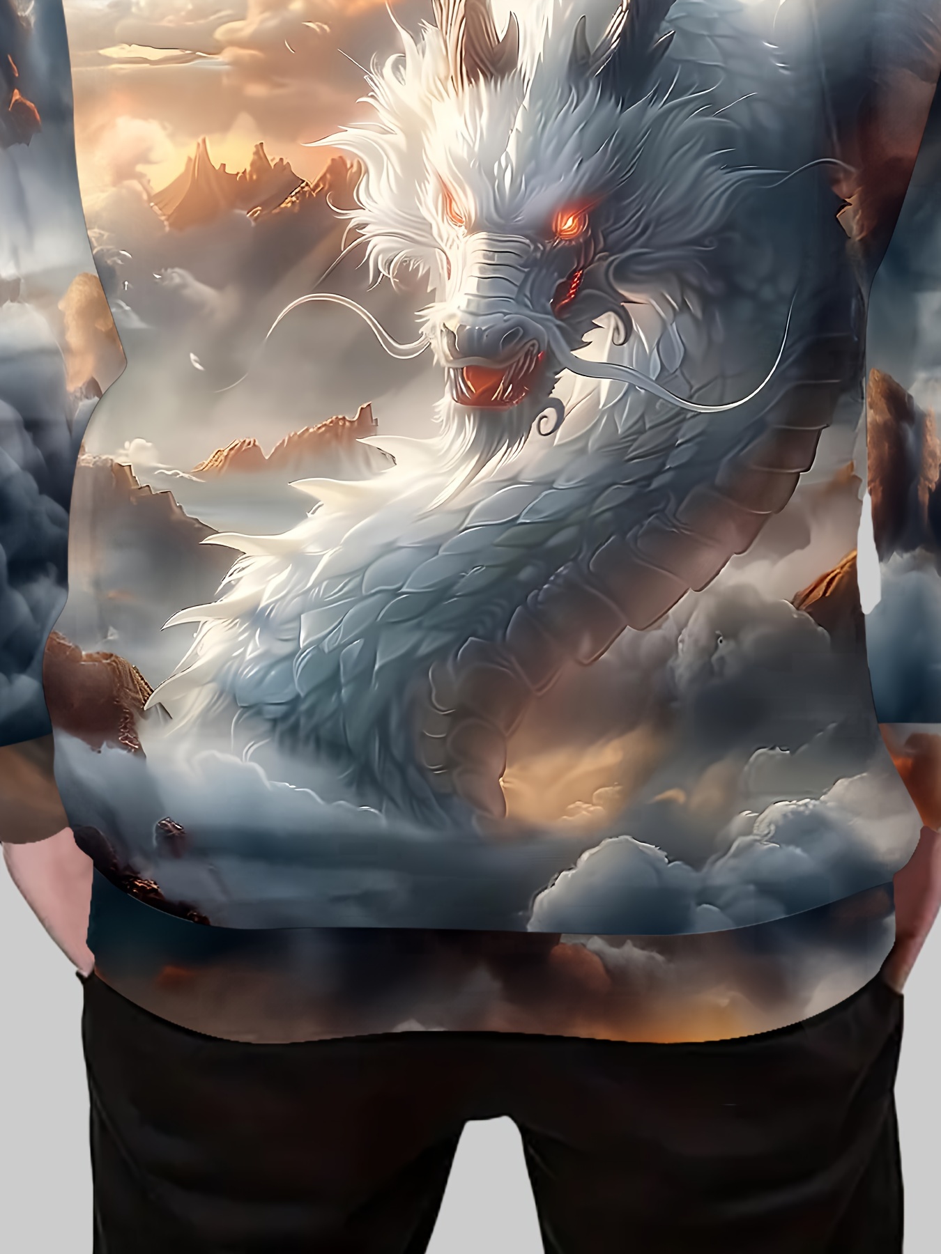 White Dragon Print Hoodie Cool Long Sleeve Hoodies For Boys Boys Casual Design Pullover Crew Collar Hooded Sweatshirt For Fall An