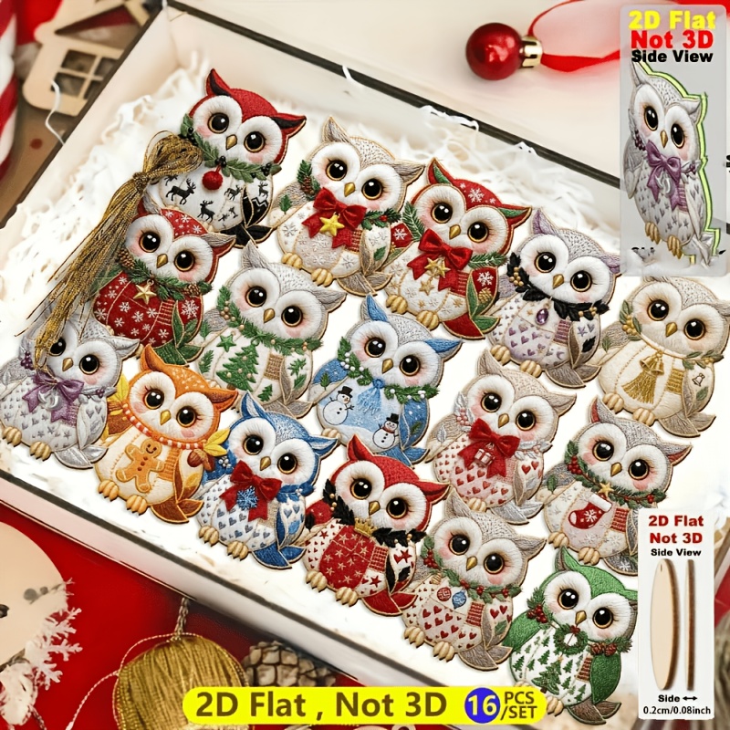 TEMU 2d Flat 16- Wooden Embroidery Owl Christmas Ornaments, Multi-style Christmas New Year Scene Decorations Suitable For Christmas Tree Decor/home
