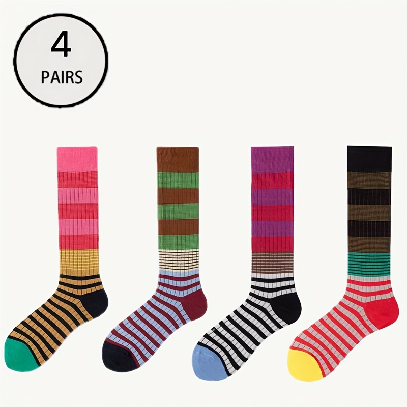 TEMU Striped Gradient Calf Socks For Women - Skinny Fashion Long Tube Socks - Polyester And Spandex , Machine Washable - 4 Pairs Pack