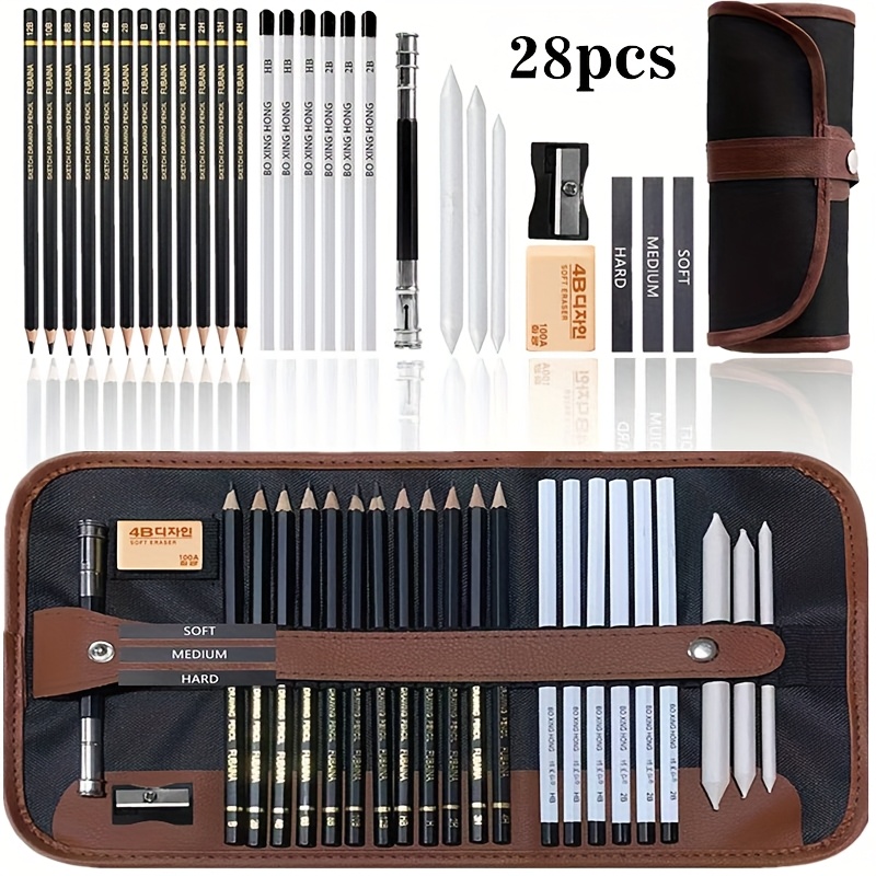 TEMU [2d Flat] 28pcs Sketch Painting Pencils, Art Student Drawing Set, Portable Outdoor Sketch Kit, Includes Pen Bag, Sketch Pencils, Charcoal Pens,