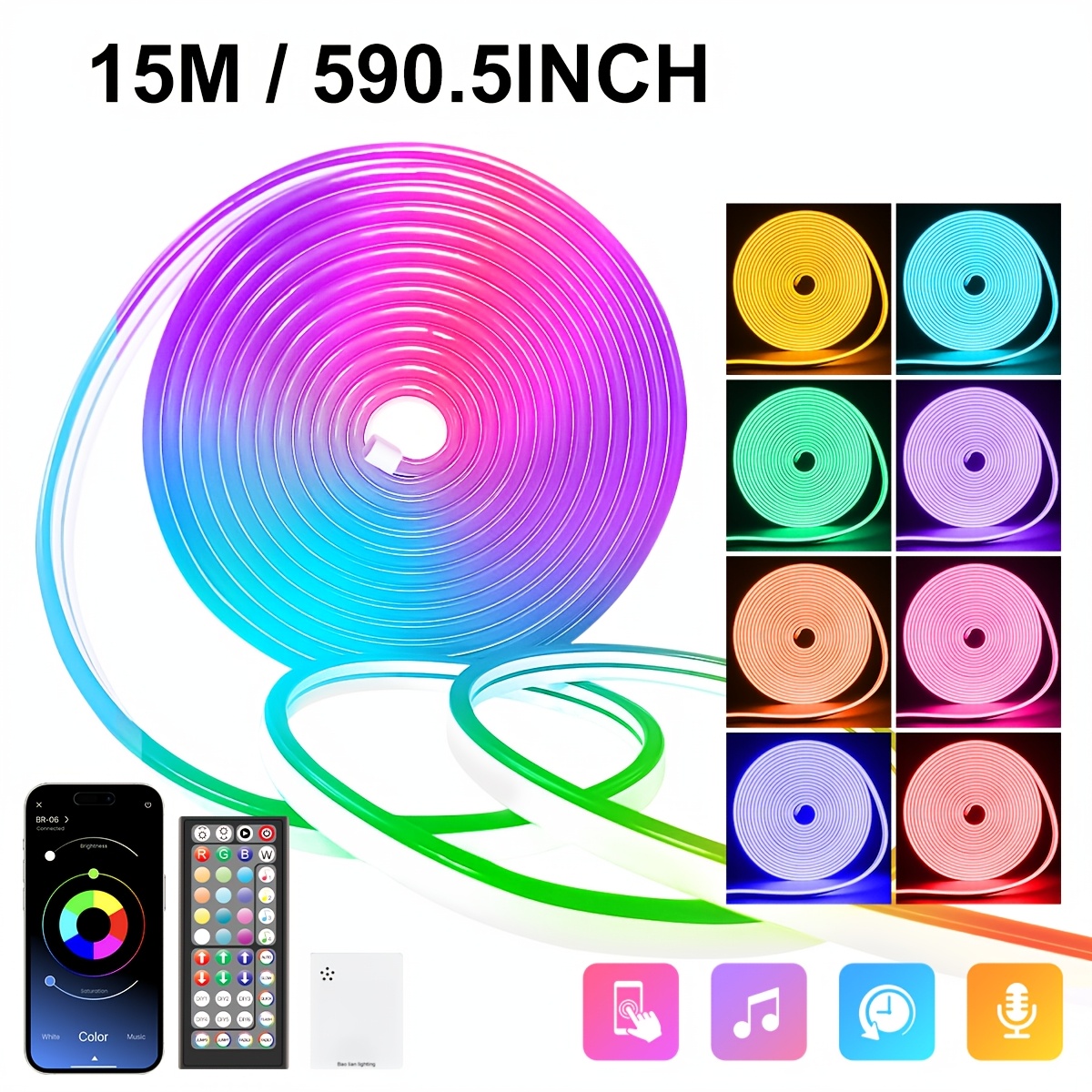 Image of Rgb Led Neon Rope Strip, App & 44 Key Remote, 5m-15m, Color Changing, Music Sync, Leds Flexible Rope Light Strips For Bar, Playroom, Birthday, Christmas Party, Advertising Decoration, 60leds/m, Ip67