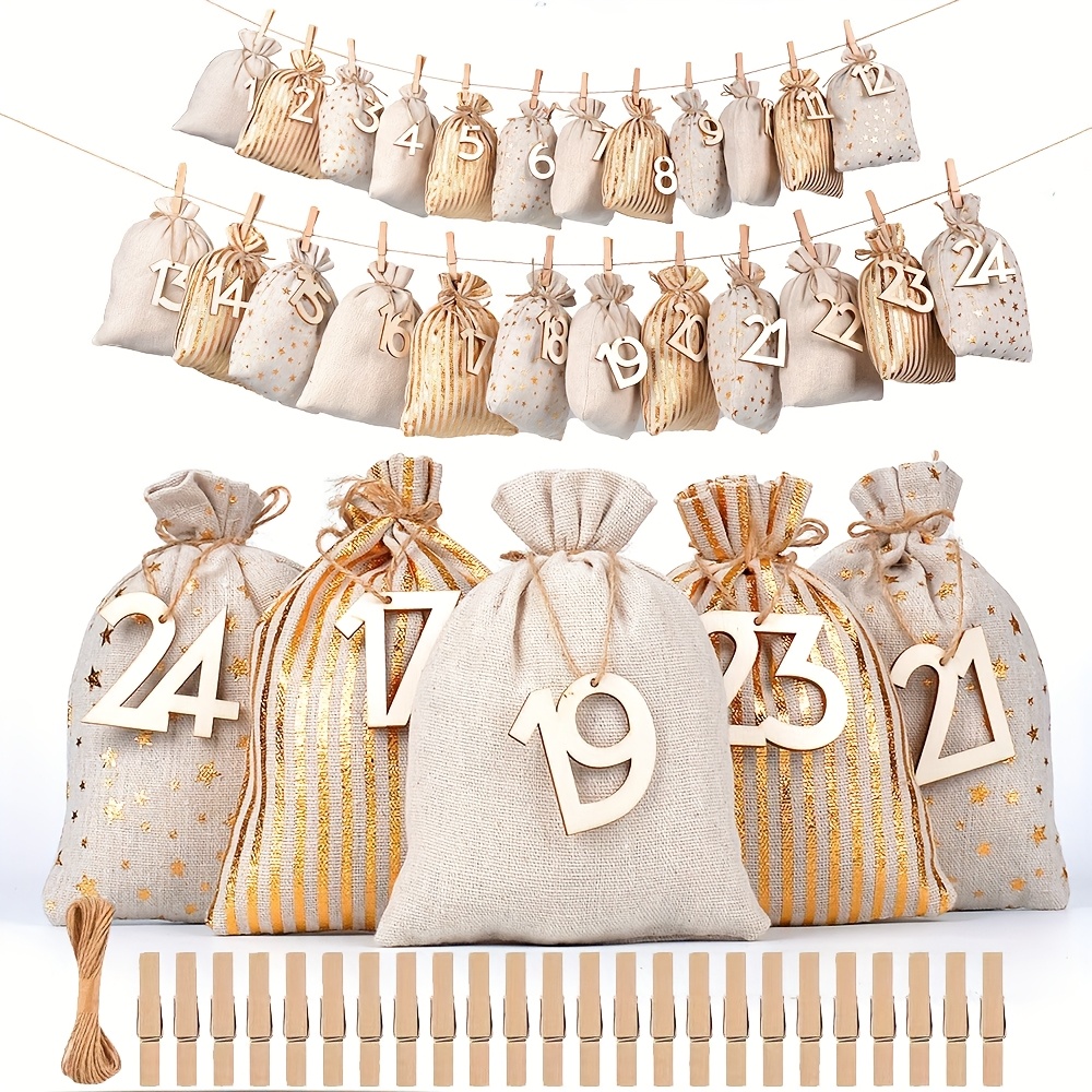weihnachts-adventskalender nummertaschen weihnachtsgeschenk jute-zugbeutel diy countdown-adventskalender-set mit seil und clips für weihnachts-heimdekorationen geschenk