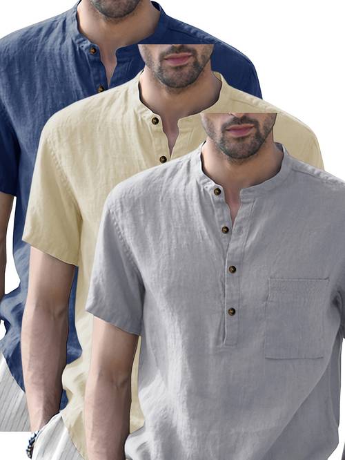 3pcs mens summer short sleeve button up t shirts breathable lightweight round neck casual in beige navy blue light yellow casual attire everyday tshirt classic collar nonstretch fabric