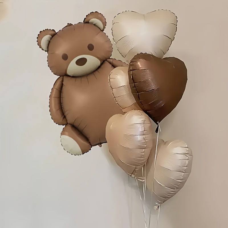 

6pcs Brown Bear & Love Heart Balloons Set - Retro Color Aluminum Film Decorations For Bridal Shower, Birthday, Anniversary, Gender Reveal - 14+ Age Group