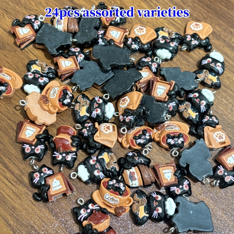 TEMU 24pcs Random Assorted Creative Black Cat Resin Pendants - Suitable For , Bracelets, Necklaces, Phone Charms, Earrings, And Bag Charms. A For .