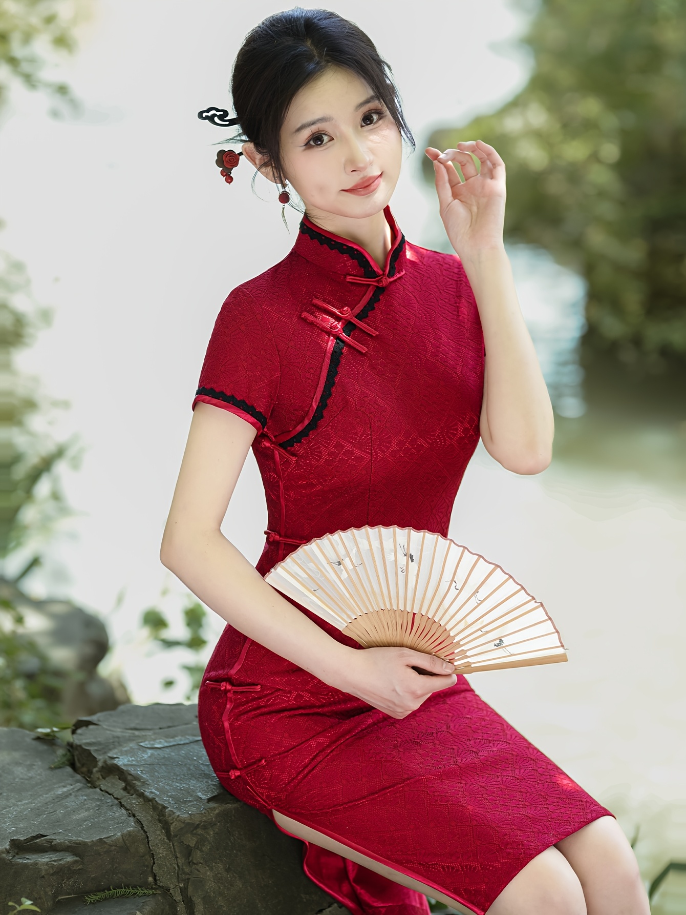 Robe Cheongsam En Dentelle Florale Pour Femme - Col Mandarin, Manches Courtes - Style Chinois Vintage - 9