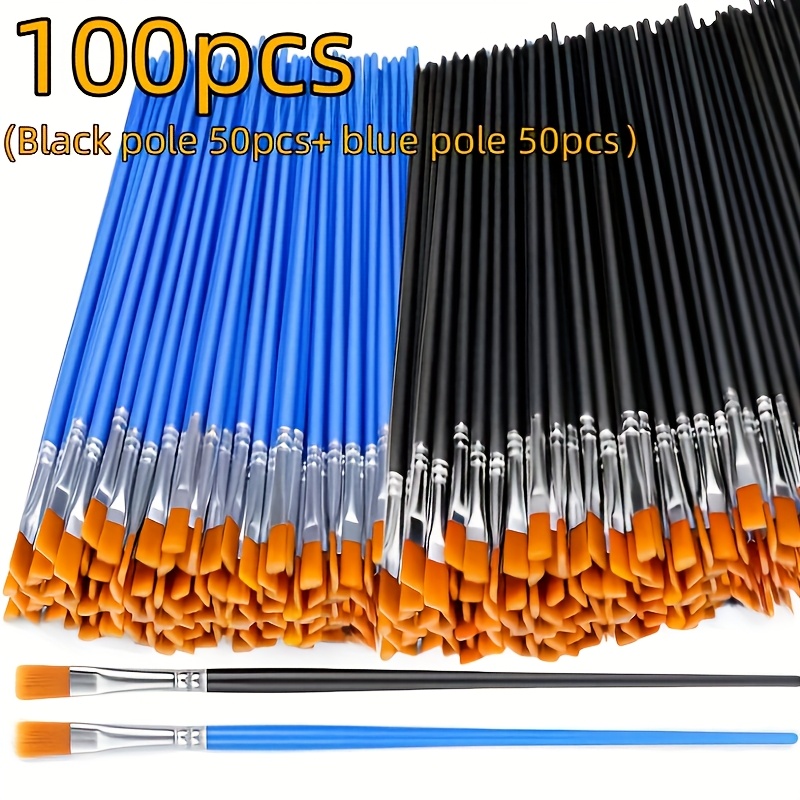 100pcs Flat Tip Nylon Bristled Paint Brushes (50pcs Black Poles + 50pcs ), Paint Brushes For Oil Painting, Watercolor, Facial Artist, Poles And Black Poles With Yellow Bristles