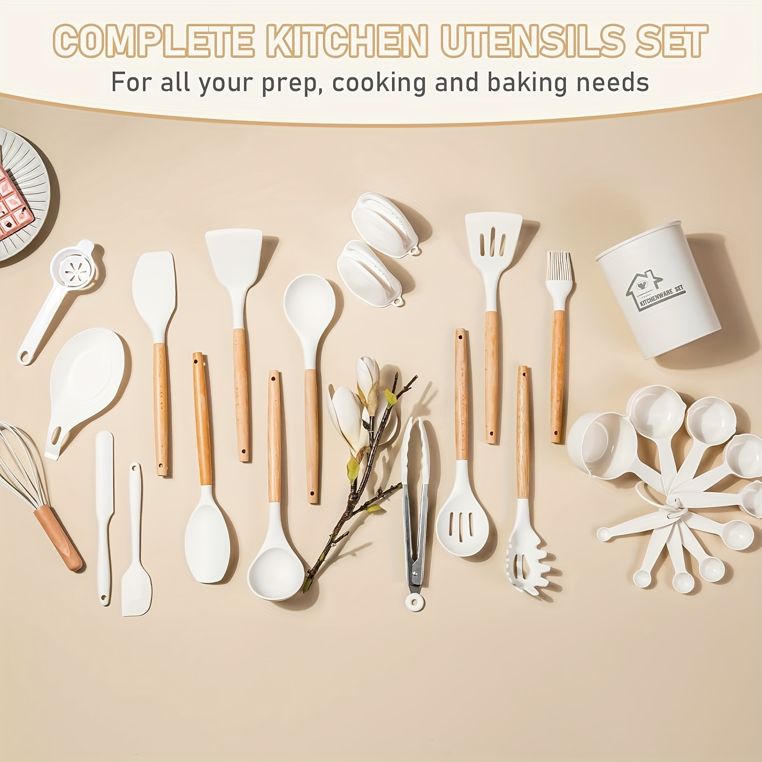 Food-Grade Silicone Cooking Tool Set With Wooden Handles And Stands, BPA-Free Non-Stick Cookware Gadgets For Baking, Stirring And Serving