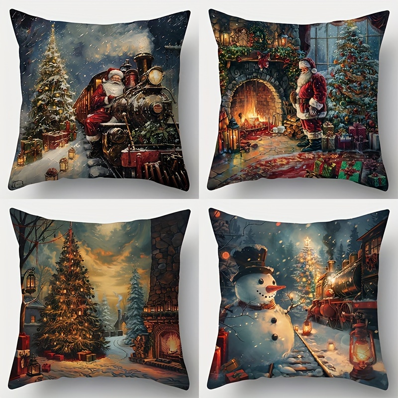 

4pcs Christmas Throw Pillow Covers Set, 18x18 Inch - Decor With Zipper Closure, Polyester, Machine Washable - Fits Living Room & Bedroom Sofas (pillow Inserts Not Included)