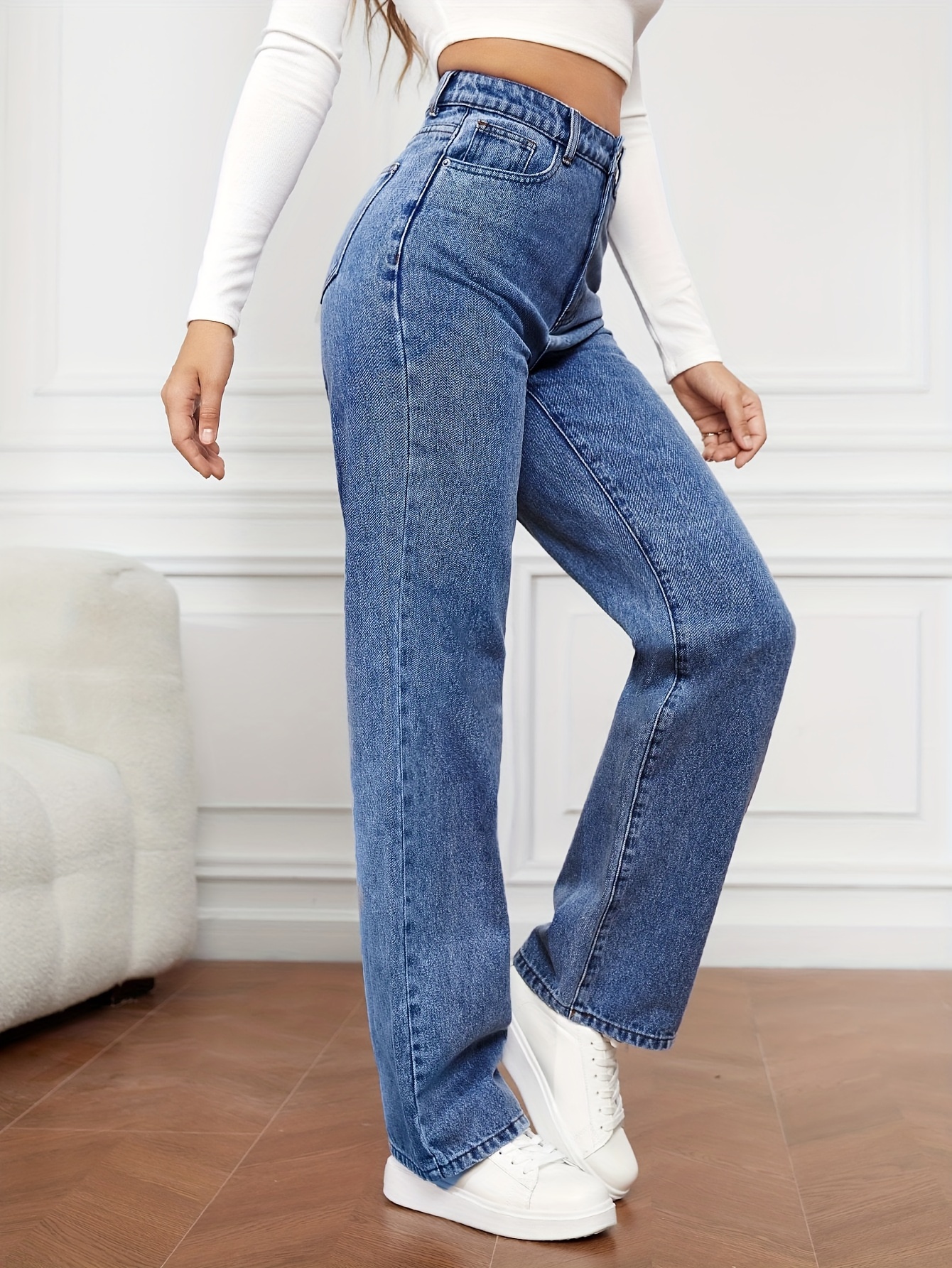 womens high waist washed jeans versatile straight leg pants casual style denim long trousers for daily wear details 3