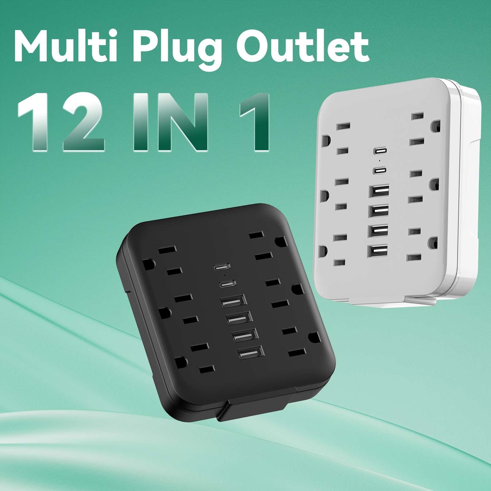 

12 In 1 Wall Charger, 6 Outlet Extender With 6 Usb Charging , Protector , 110v/220v, Us Plug, Rectangle Shape, Switch, For Home, Travel, Office - Small Size, Easy To Carry