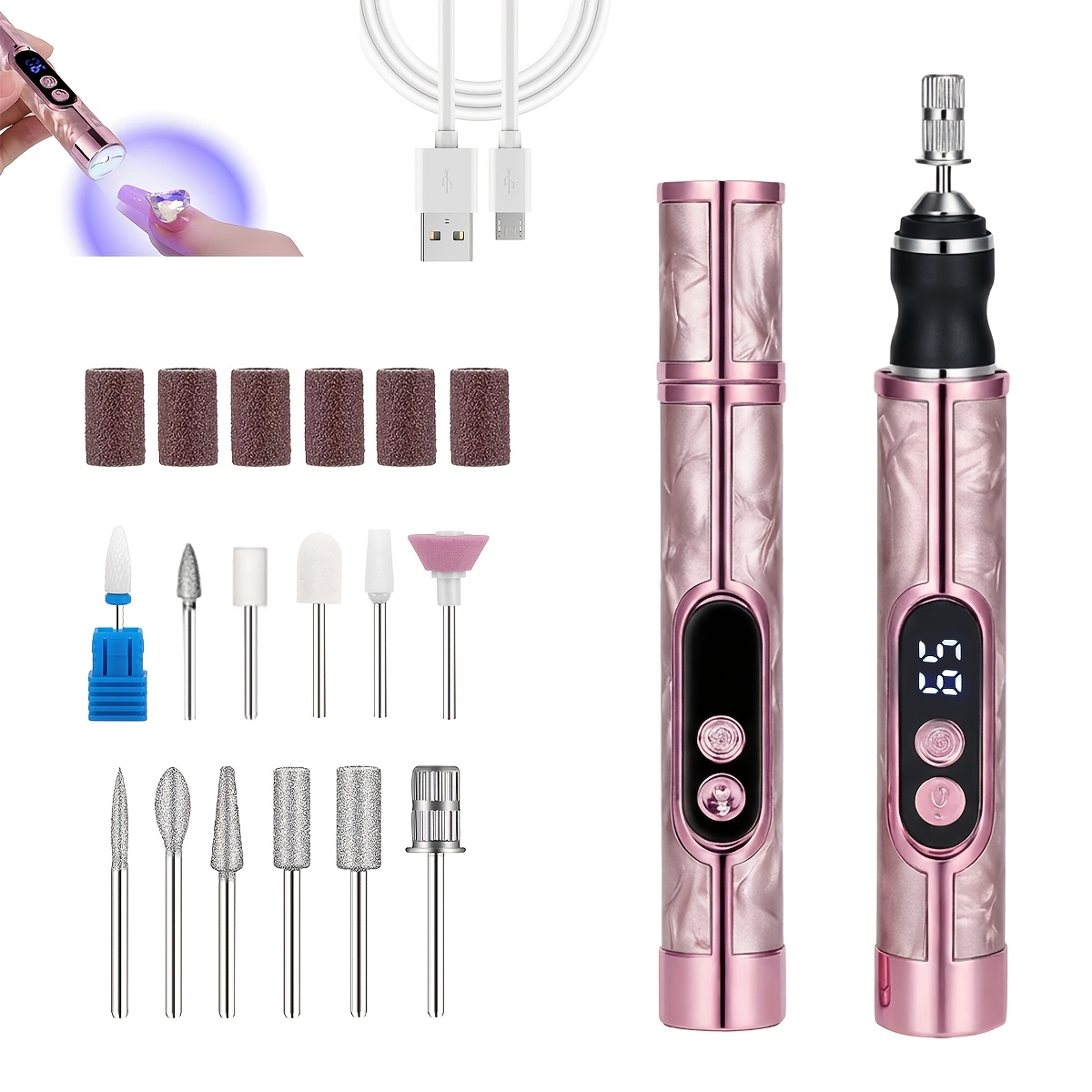 Hotu Professional Electric Nail Drill Kit, Rechargeable Portable Nail File With Led Display & Light, 12pcs Drill Bits For Acrylic Nails, Manicure Pedicure For Salon Home Use