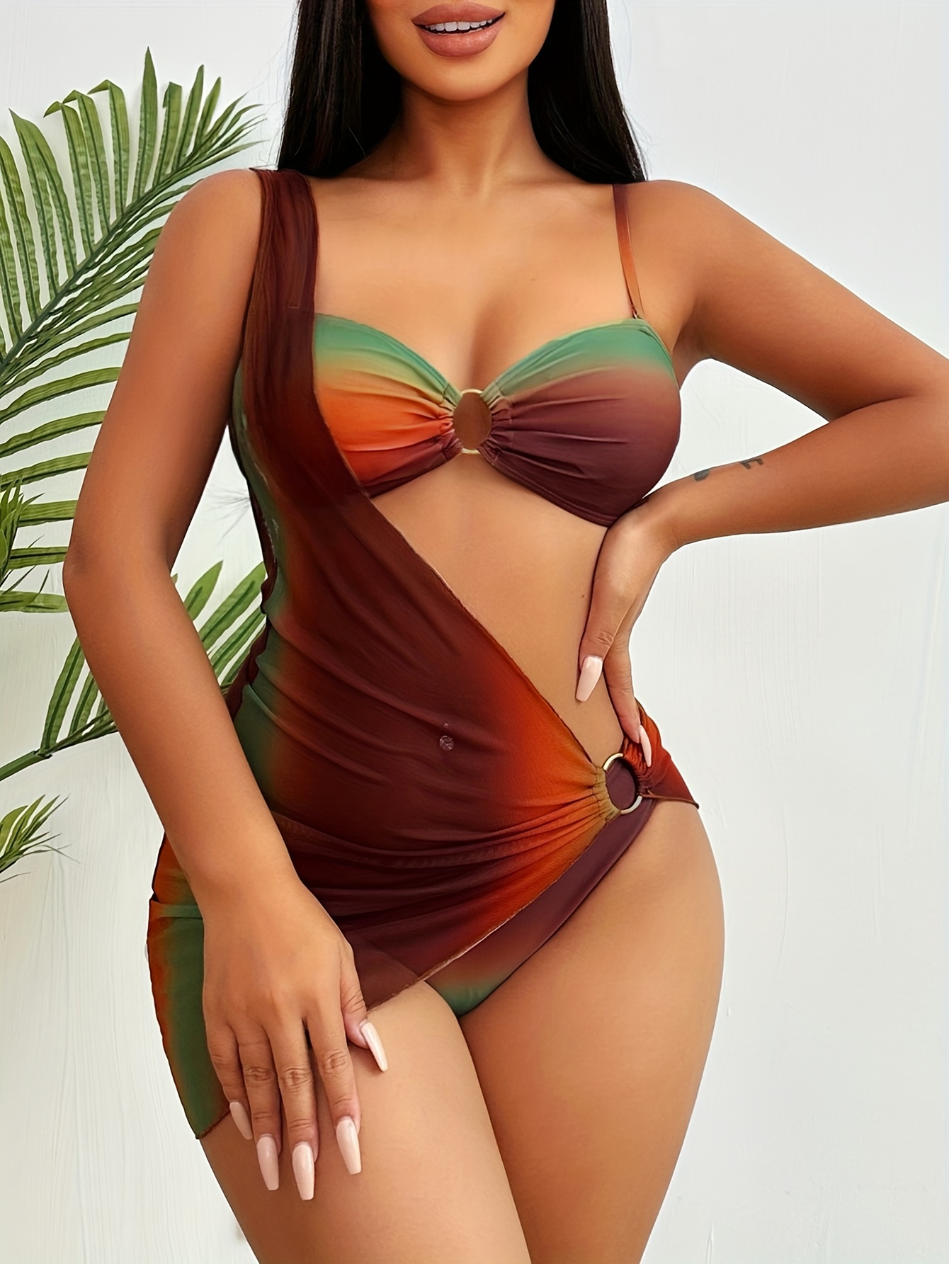 Vacation-style Ethnic-inspired Brown Ombré Print Asymmetric One-shoulder Mesh Skirt with Tube Top Split Bikini 3pcs Set - Image 4