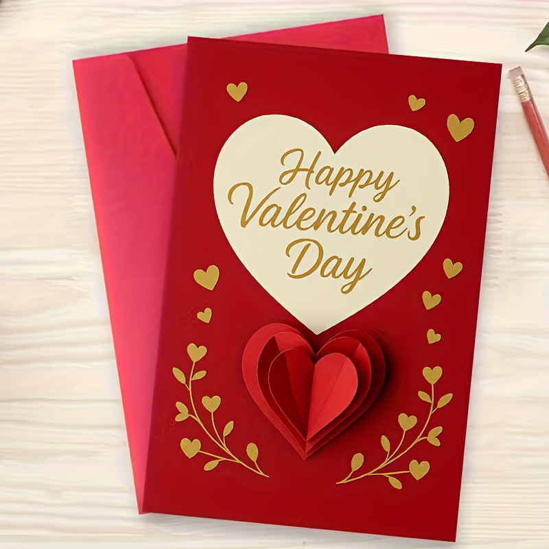 TEMU 1pc Elegant Heart-shaped Valentine's Day Card, Red Layered Design, Envelope-style Birthday And Romantic Gift - Valentine's Day Greeting, Heart