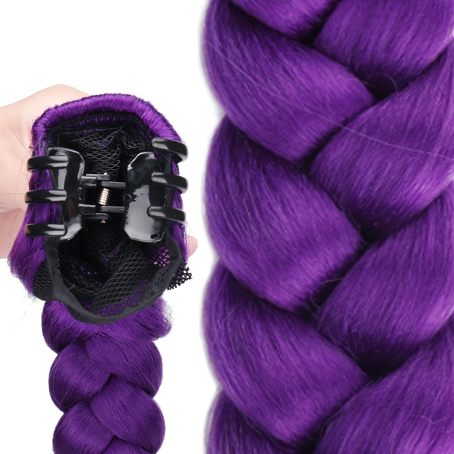 E-shop Lila geflochtene Clip-On Pferdeschwanz-Haarverlängerung für Damen, gestylt in Kpop-Mode. Diese hitzebeständige und langlebige Perücke ist für