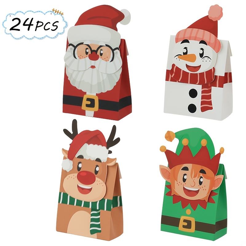 Image of 24pcs Christmas 3d Character Gift Bags, Santa Snowman Reindeer Elf Themed Xmas Favor Paper Bags, Festive Holiday Decor Packaging Bags For Christmas Party Favors
