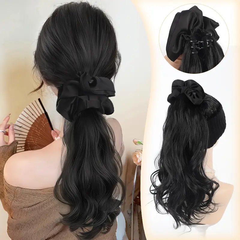 16 inch elegant black wavy claw clip ponytail hair extensions for women high temperature fiber synthetic ponytail with black headband weddings formal event details 2