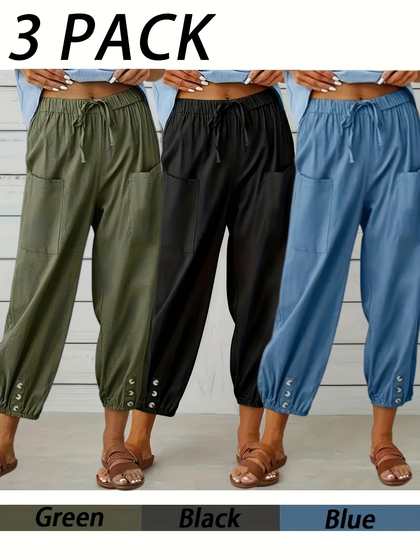 three piece loose fitting high waisted cropped trousers with wide legs suitable for everyone featuring pockets for   during   casual pants designed with an elastic waistband