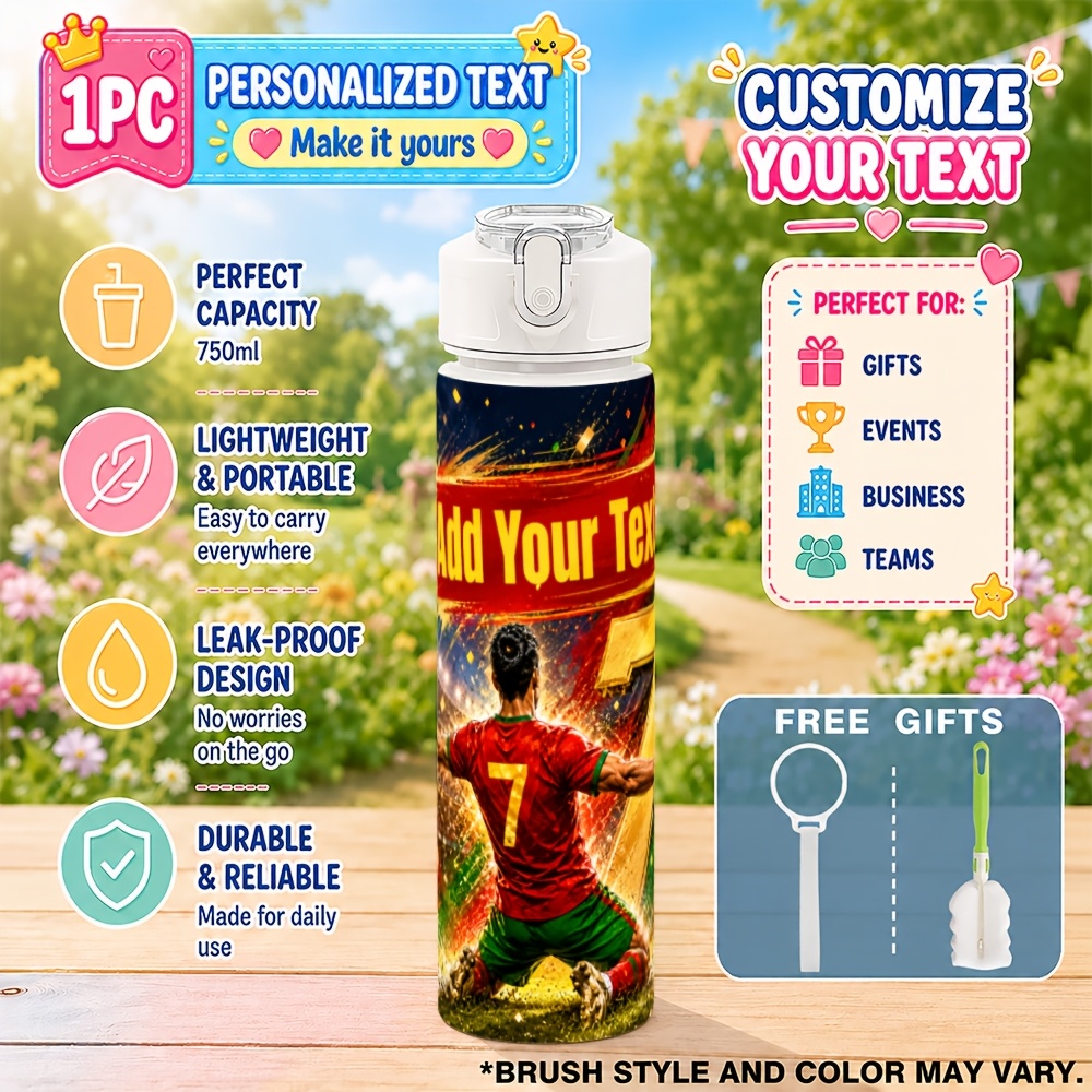 TEMU 1pc Personalized, Soccer Player 750ml Sports Water Bottle, Thoughtful Gift, Name Design, Plastic Fitness Water Bottle, Portable Lid, Easy-clean
