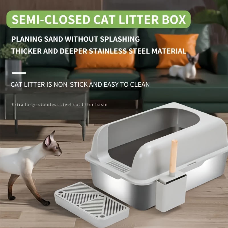 

1 Set Xl Stainless Steel Cat Litter Box - Enclosed Sides, Odor-free, Rust-proof, Easy To Clean