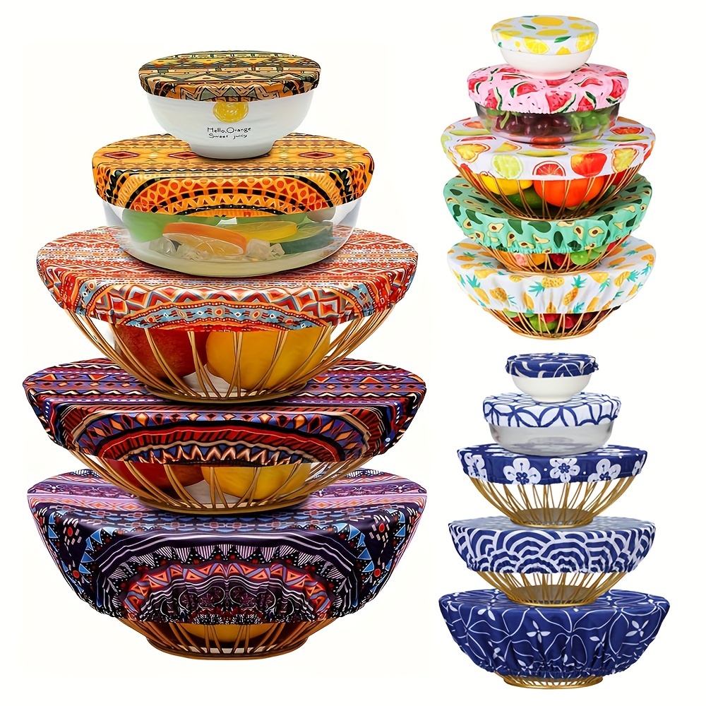 

5-pack Polyester Bowl Covers, Reusable Stretch Fabric Food Storage , Cloth Dish Covers For Kitchen Jar & Container, Food Contact Safe, Assorted Patterns