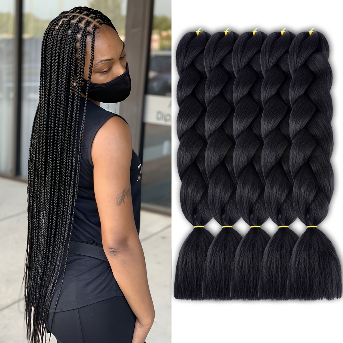 TEMU Lot de 5 pièces - Extensions de cheveux synthétiques à crochet noires - Queue de cheval facile à coiffer - 24 pouces, résistantes à la chaleur,
