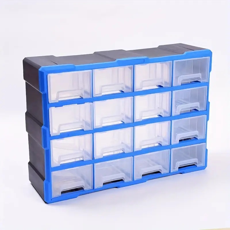 16 drawer plastic storage box with blue and black lids durable varnished   ideal for organizing hardware craft supplies small parts nuts bolts tool storage bead storage building block storage garage organization sleek storage box durable plastic box storage organizer 0