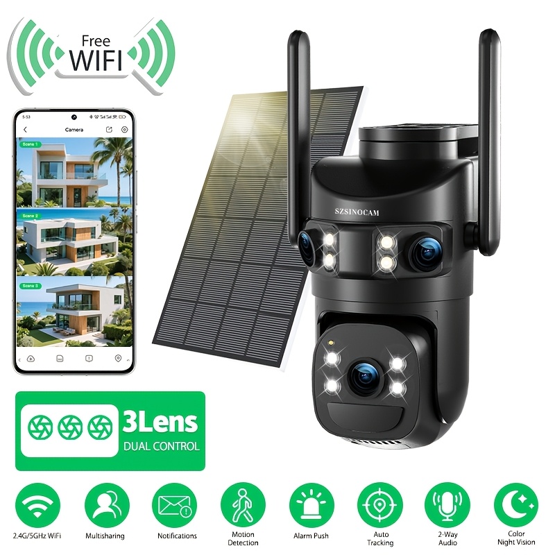 Image of 1296p Wireless Outdoor Solar Powered Security Camera 2.4g/5g Wifi, 360° Panoramic View Ptz Camera, 3-lens, Pir Human Detection, Alarm Push, Color Night Vision, Audio, Solar Panel Or Usb Charging