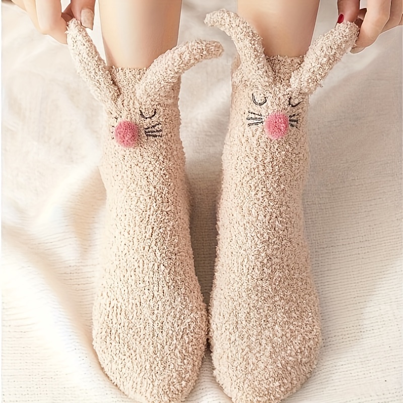 

Fuzzy Bunny Slipper Socks For Women 1 Pair - Thick Coral Fleece Mid-calf Socks With Cute Cartoon Rabbit Design, Polyester And Elastane Blend, Non-slip Warm Plush Home Socks