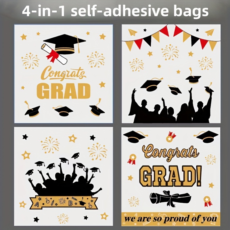 TEMU 100pcs, Graduation Season Self-adhesive Bags, Bags With Graduation Caps, Bachelor Hats, And Graduation Patterns, Party Gift Packaging Bags