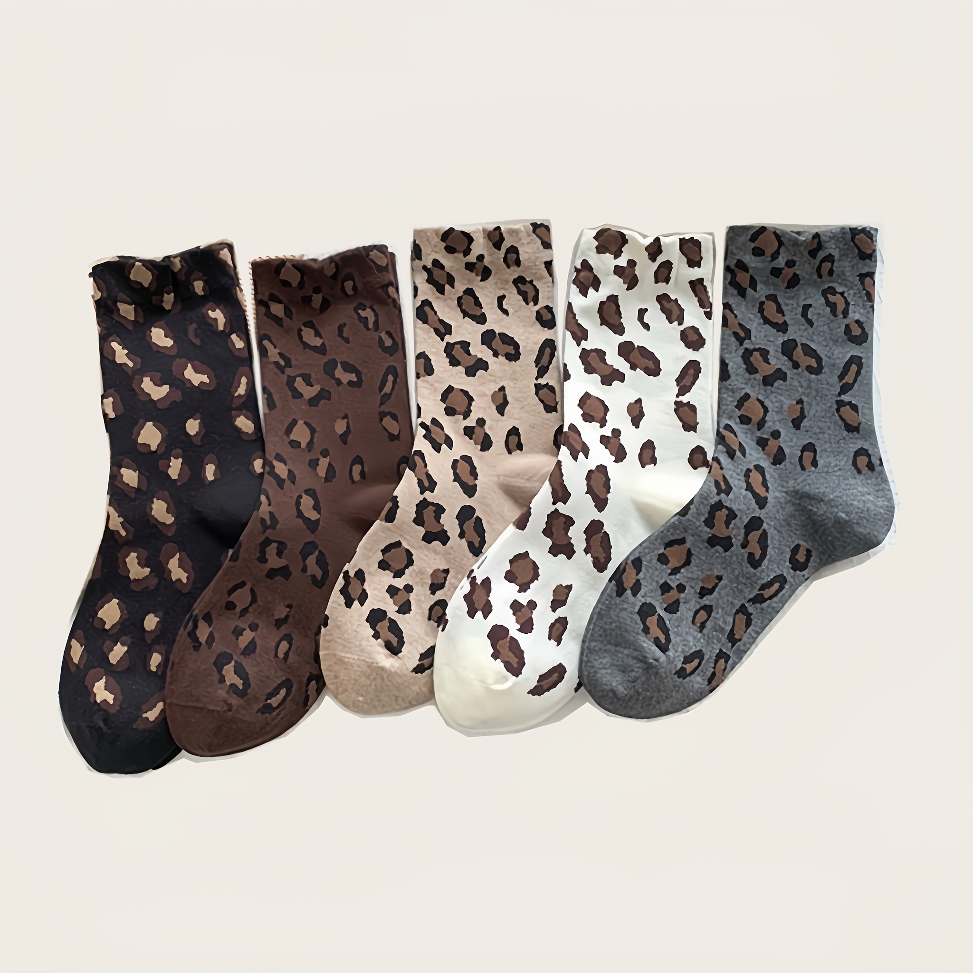 TEMU 5 Pairs Of Fashionable Leopard Print Women's Mid-rise Socks, Soft, Comfortable And Stretchy Animal Print Socks, Style, Suitable For Daily Wear