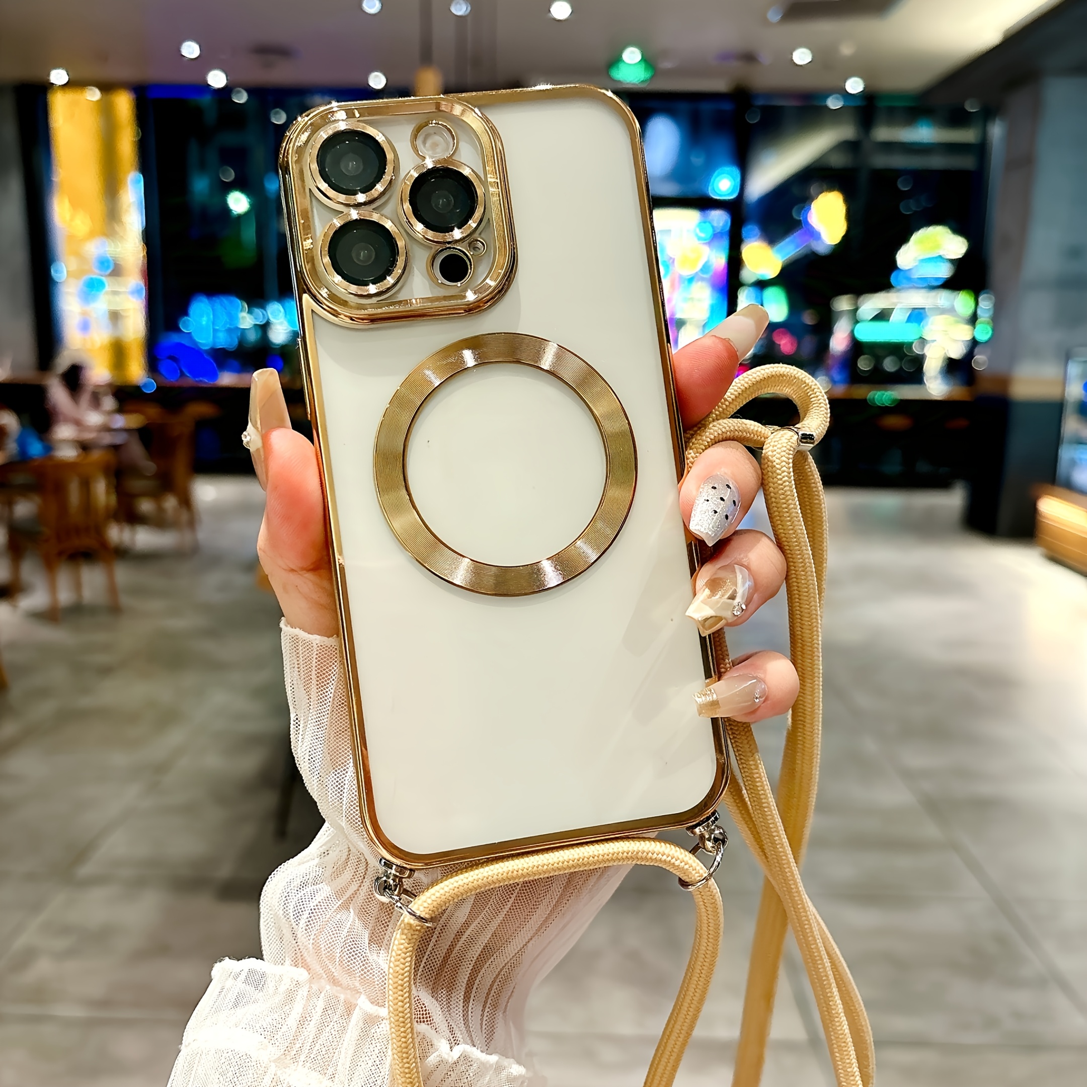 TEMU Phone Case - Luxury Electroplated Magnetic Phone Protective Case With Adjustable Lanyard Suitable For Iphone 13 15 11 14 12 16 Pro Max, Made Of
