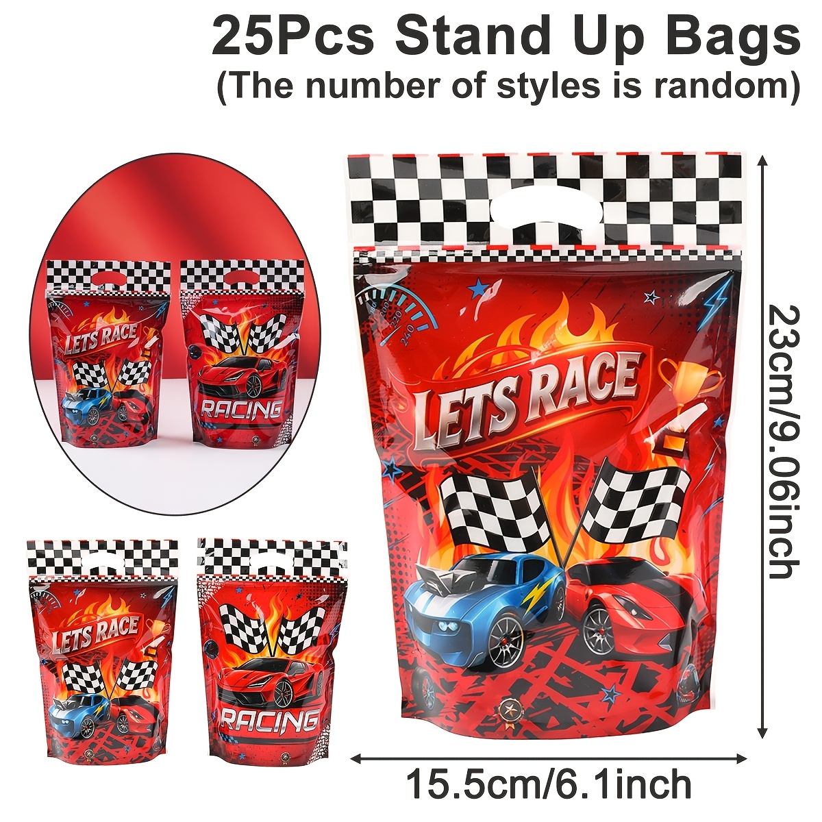 TEMU 10/25pcs, Race Car Theme Gift Bags (random Style), 2 Mixed Patterns Stand Up Gift Packing Bags, Car Racing Souvenirs, Racing Party Decor, Happy