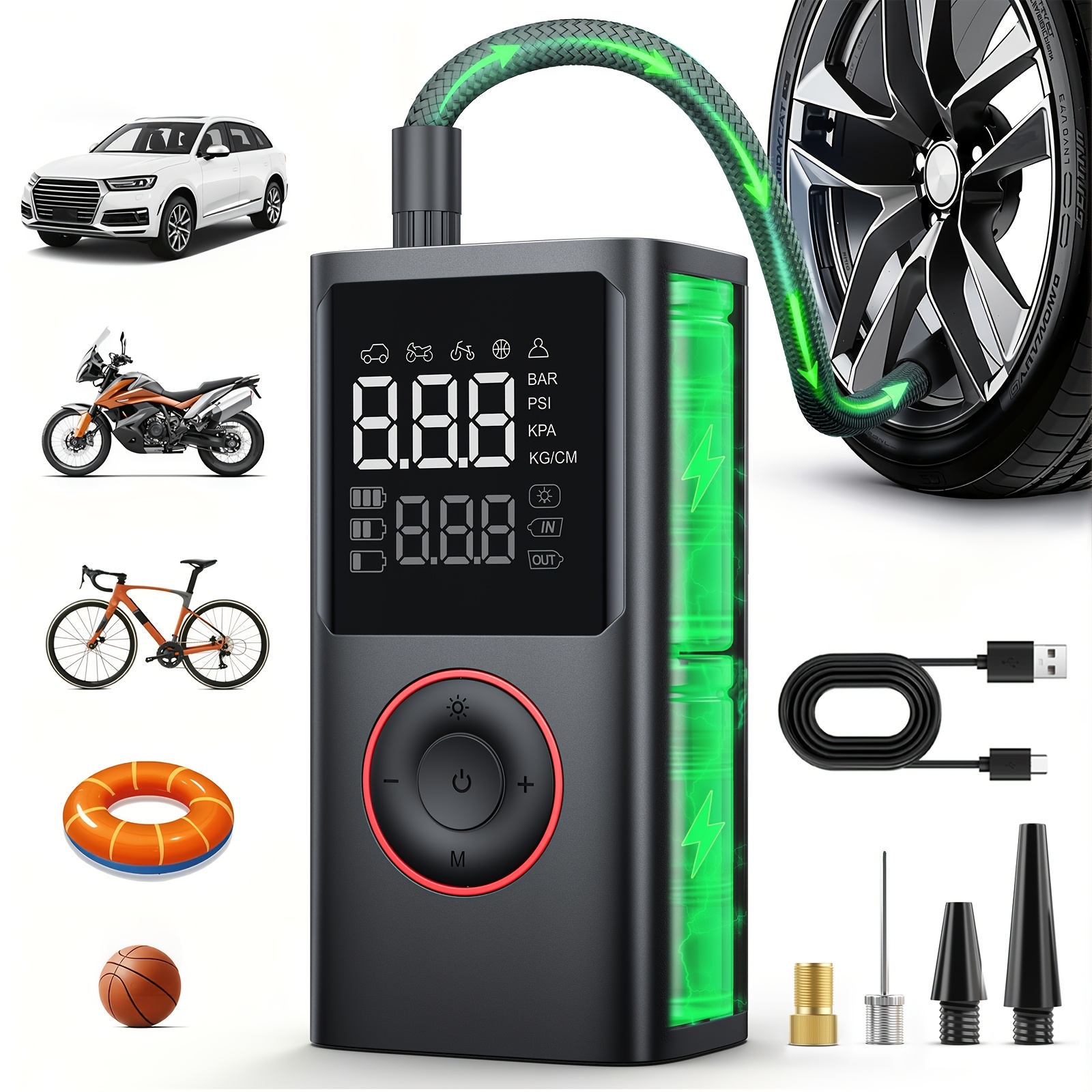 TEMU Portable Cordless Tire Inflator Air Compressor With Digital Gauge & Led Light, Usb- Rechargeable Fast Inflation Suitable For Cars, Suv,,