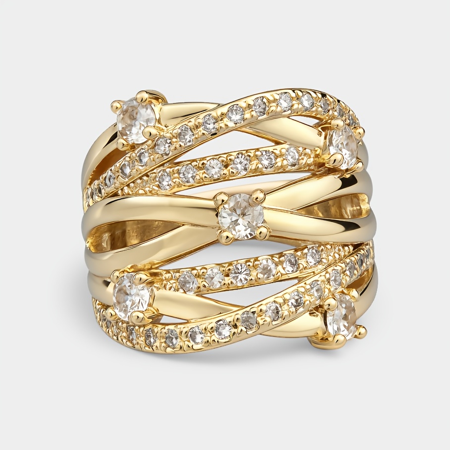 E-shop Goldener Kreuz-Ring mit durchbrochener Öffnung für Damen, besetzt mit 5A 5A Zirkonia, vielseitiges Design, Ring aus reinem Kupfer, 18k